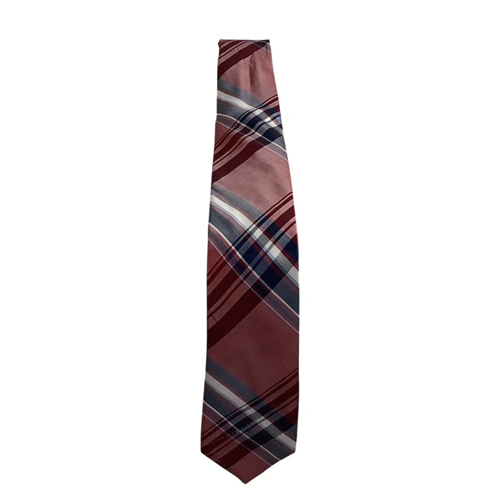 Chaps Mens Silk Plaid Necktie Dusty Rose Burgundy Navy Blue Classic Formal Tie
